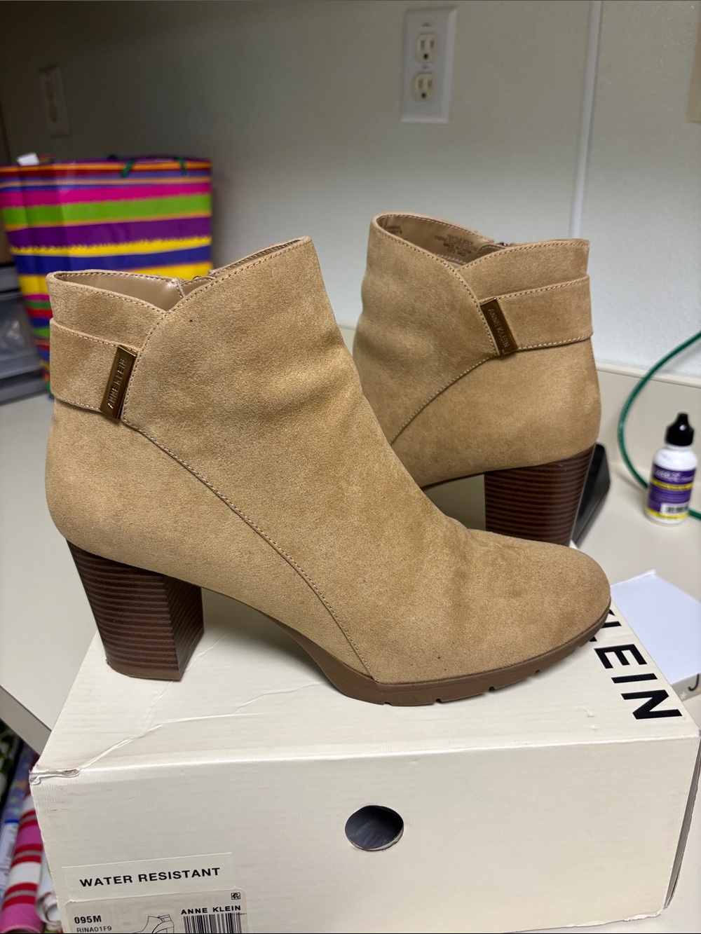Anne Klein Beige Suede Block Heel Ankle Booties